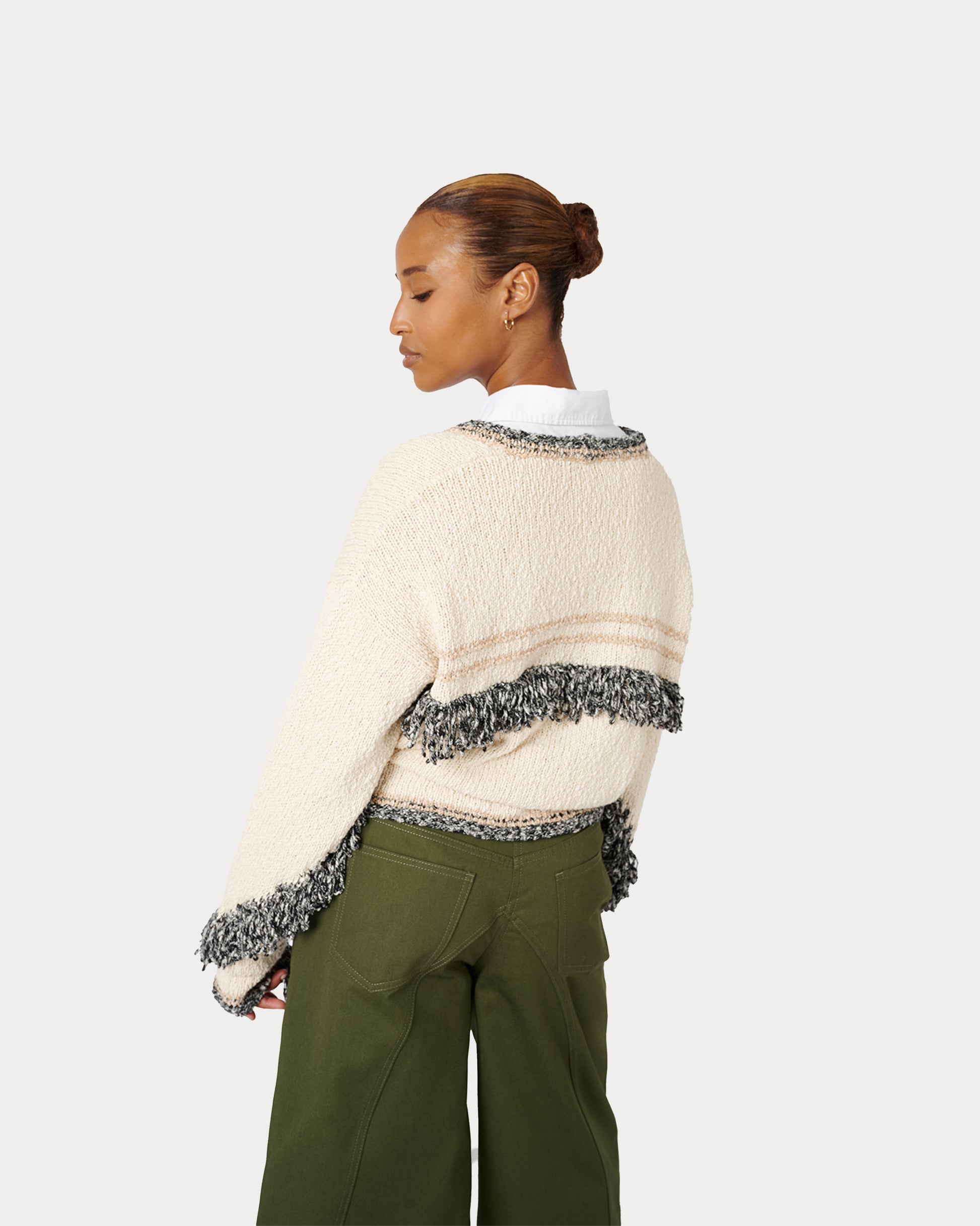 Back View of Aspen Fringe Cardigan in Cream Mixed Knit Color and size Medium