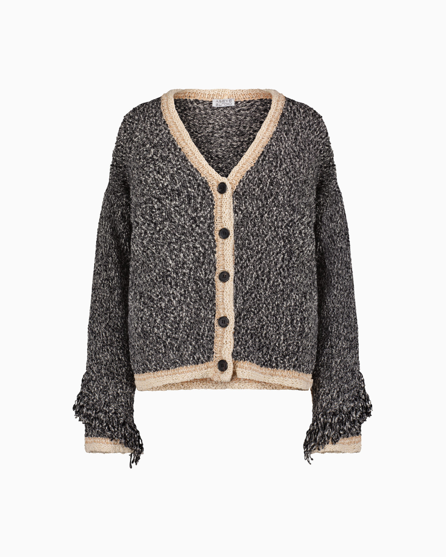 Front of Aspen Fringe Cardigan in Black and Cream Mixed Knit