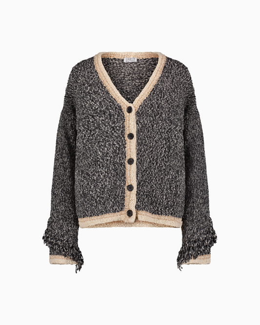 Front of Aspen Fringe Cardigan in Black and Cream Mixed Knit