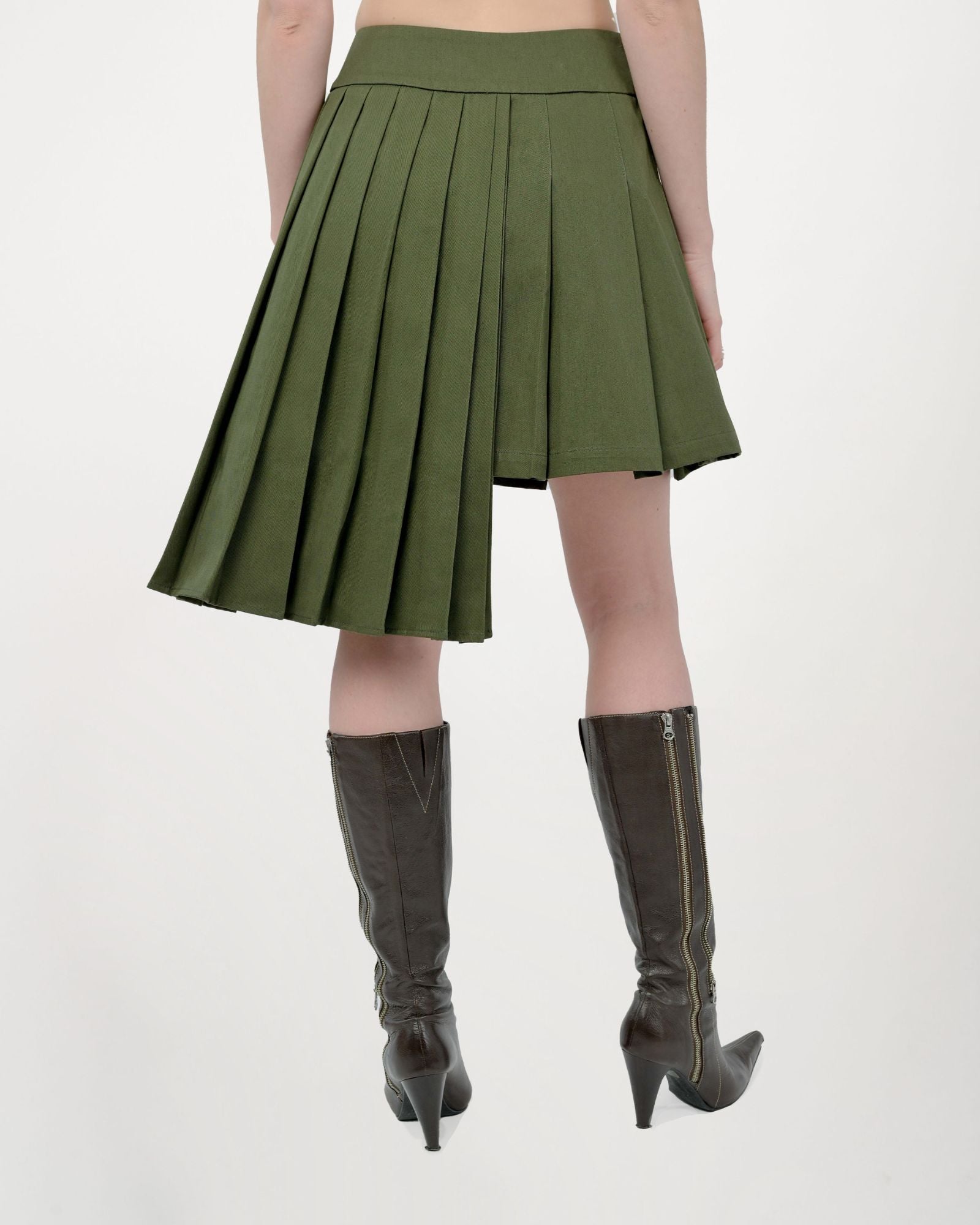 Asha Asymmetric Pleated Skirt by Aseye Studio in Military Olive Green