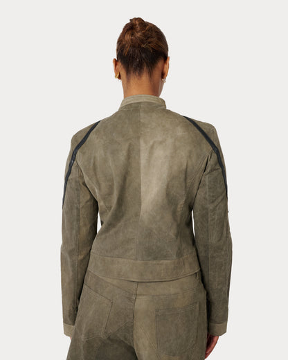 Model is wearing Medium in Suzi Mock Collar Jacket in washed gray and cream