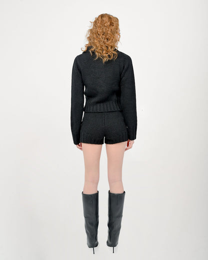 Back View of Zaya Knit Shorts Set in Black by Aseye Studio