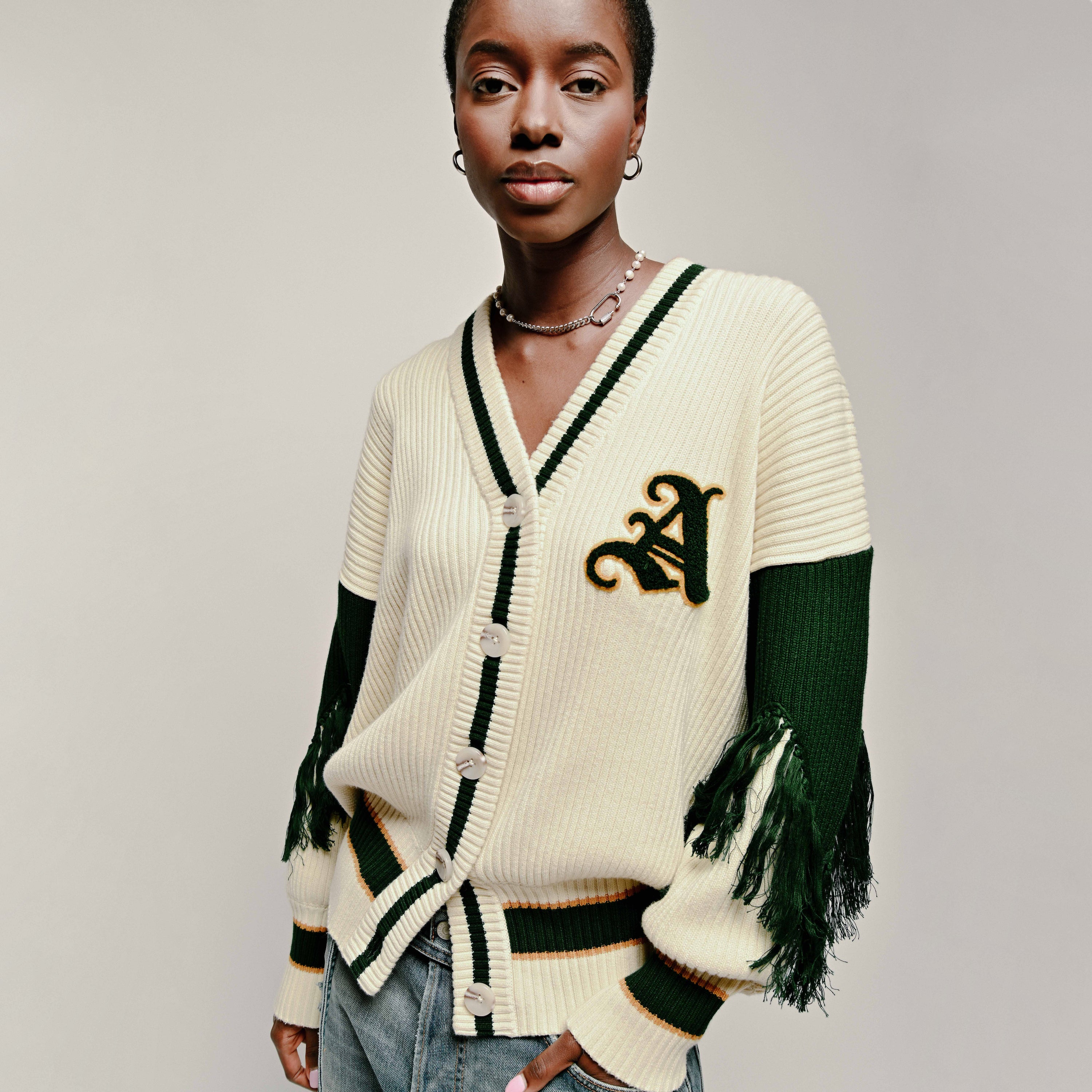 Varsity Cardigan Cream and Green - Aseye Studio